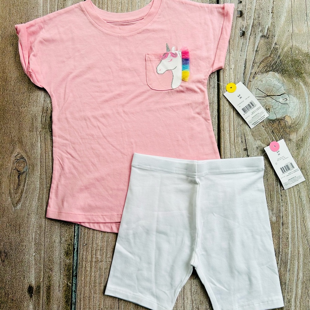 George size 6 Girls Pink Unicorn Pocket Short Sleeve T-Shirt & White Shorts Set